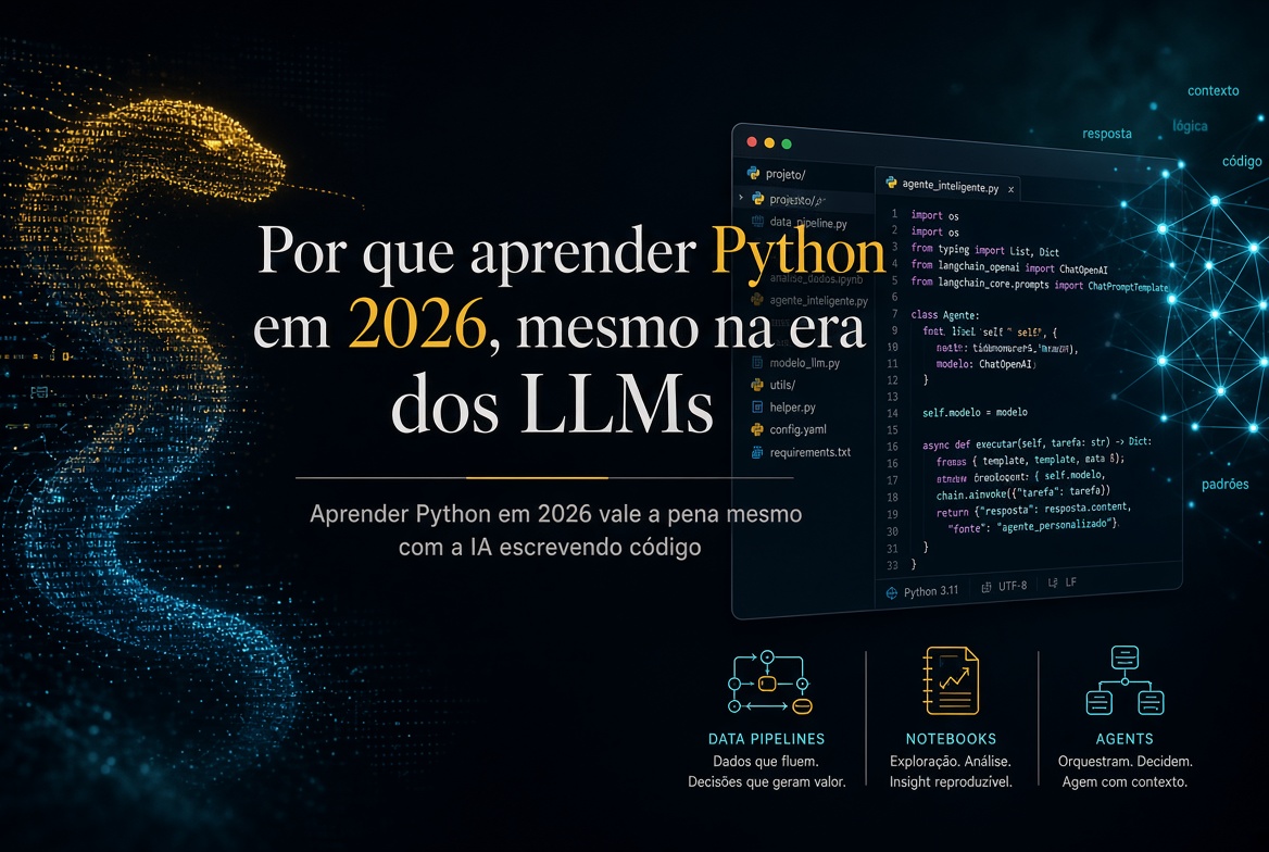 Tela de computador com um trecho curto de código Python ao lado de uma pilha de pastas de documentos e uma planilha impressa