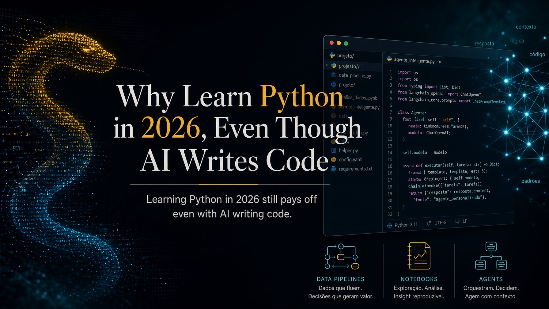 A computer screen showing a short Python script beside a stack of document folders and a printed spreadsheet